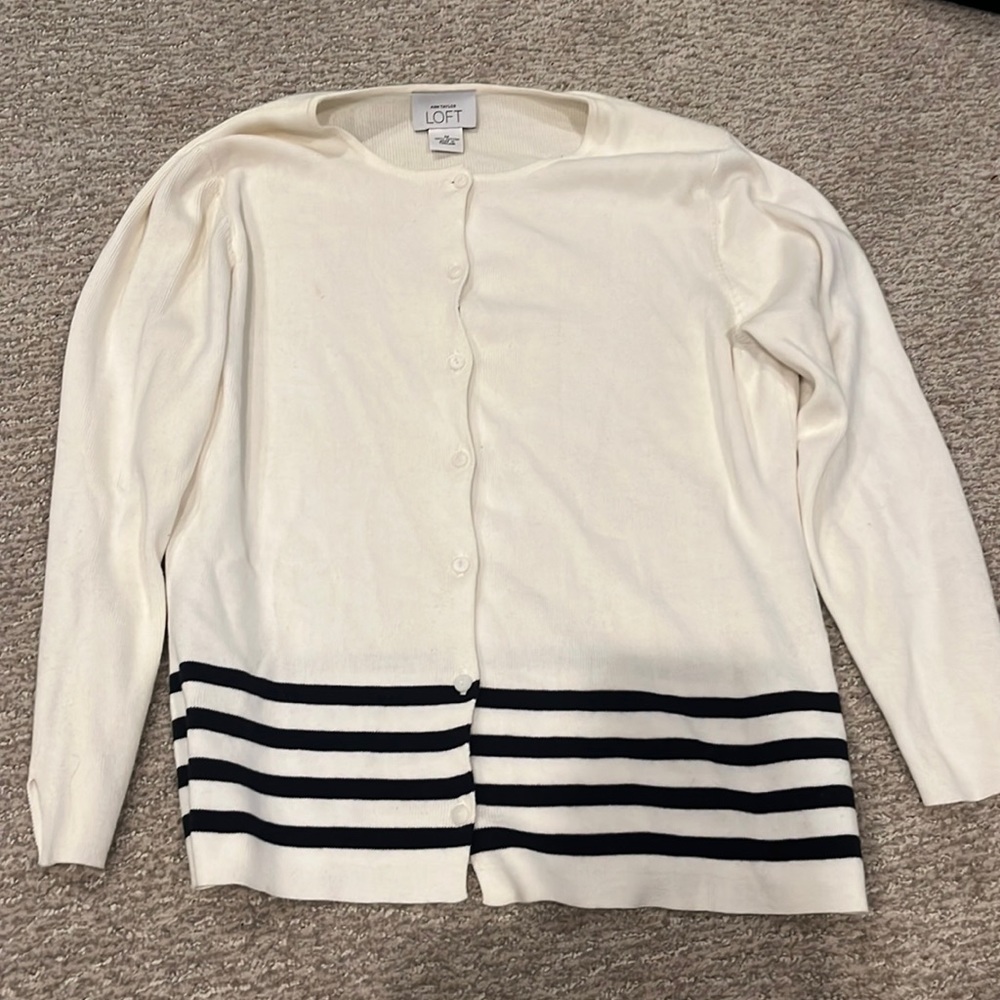 White and black stripe loft button up sweater medium